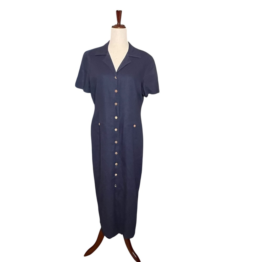 Vtg Sag Harbor Navy Dress 12 Linen Blend Button Front Midi Short Sleeve Academia